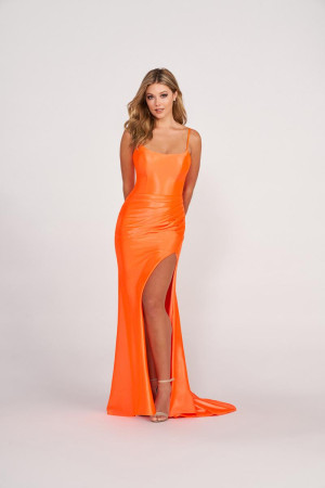 Size 0 Neon Orange Ellie Wilde EW34120 Ruched Satin Jersey Gown