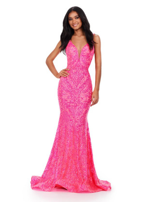 Size 16 Hot Pink Ashley Lauren 11466 Intricate Stretch Sequin Prom Gown