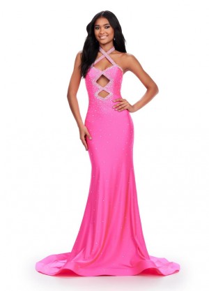 Size 4 Hot Pink Ashley Lauren 11578 Edgy Halter Gown with Cut Outs