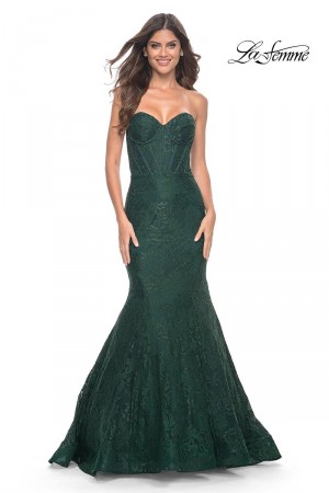 Size 10 Dark Emerald La Femme 32249 Strapless Lace Mermaid Dress