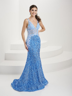 Size 8 Turquoise Tiffany Designs 16110 Sheer Floral Sequin Prom Dress