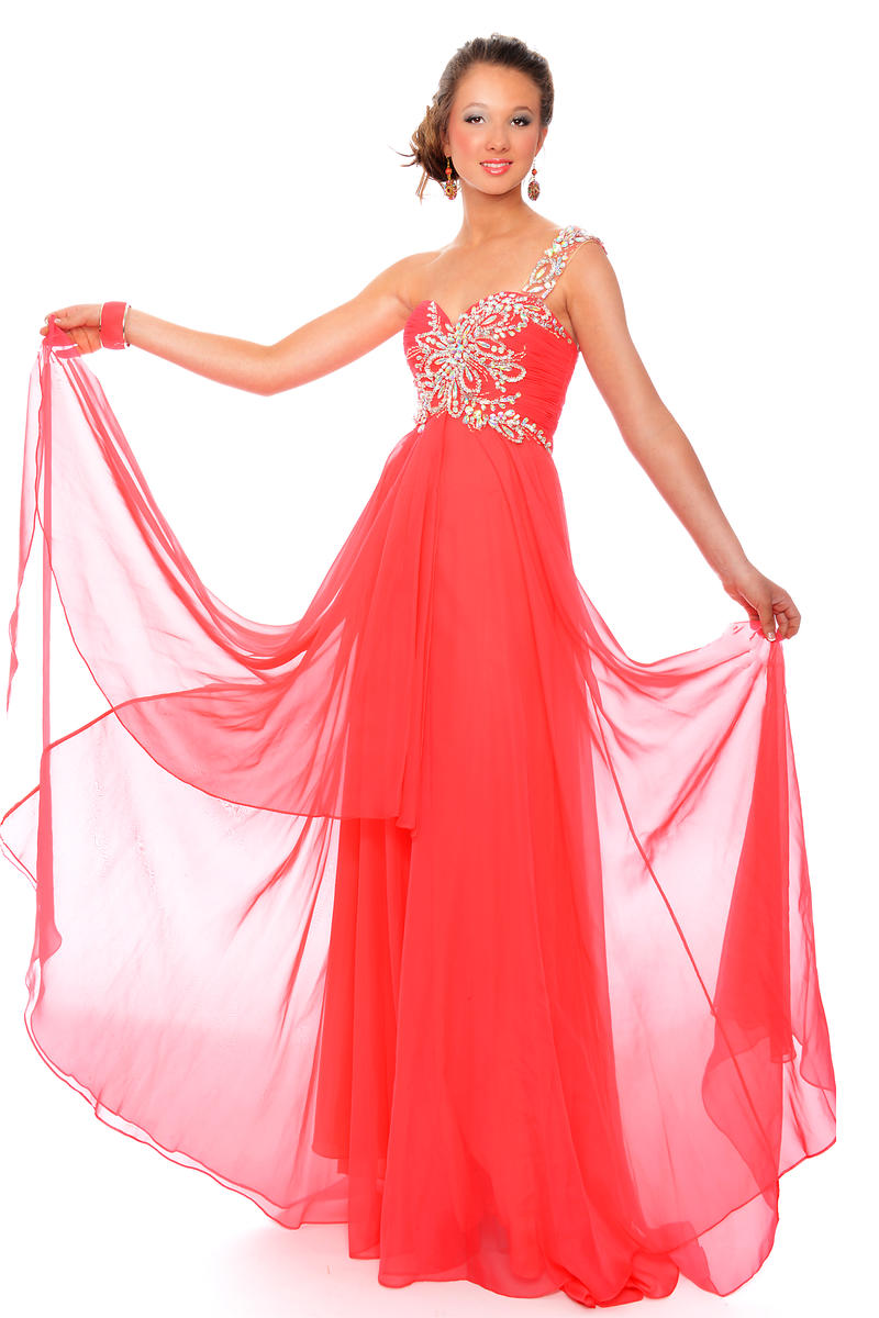 Glam Gurlz S39403 One Shoulder Beaded Chiffon Gown: French Novelty