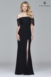 Faviana Glamour S7937 Off Shoulder Flowy Lace Dress