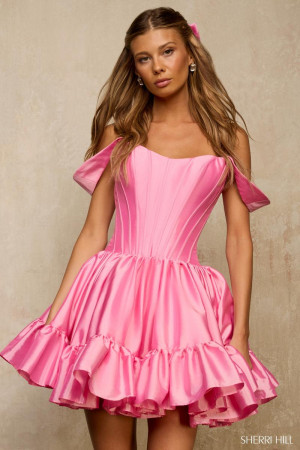 Sherri Hill 57290 Short Dress With A Boned Corset Draped Sleeves Gathered Skirt