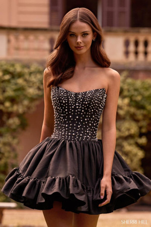 Sherri Hill 57291 Short Cocktail Dress Featuring A Corset Adorned with Pearls