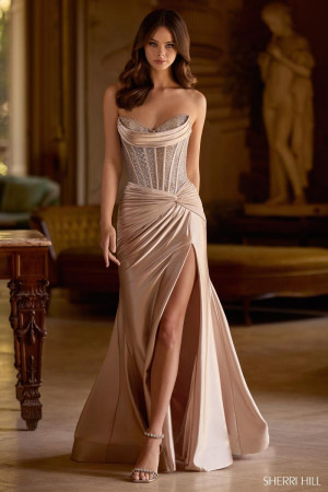 Sherri Hill 57473 Long Rehearsal Dinner Dress Featuring Heat Stone Corset