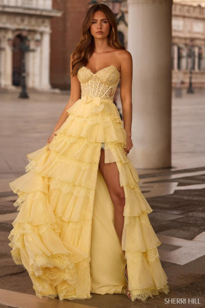 Sherri Hill 57479 Long Anniversary Dress Featuring Sheer Lace Corset Bodice