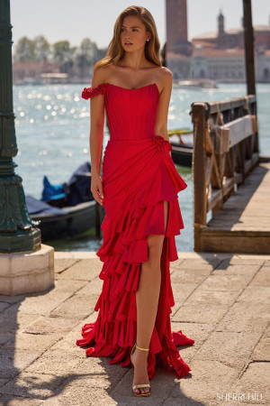 Sherri Hill 57484 Long Party Dress with 3D Floral One Off Shoulder