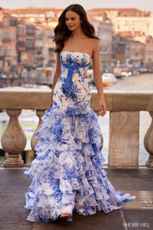 Sherri Hill 57487 Long Date Night Dress Featuring Floral Print Tiered Ruffle