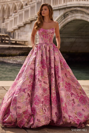 Sherri Hill 57515 Long Cruise Formal Gown Featuring Floral Pattern Corset