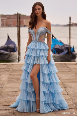 Sherri Hill 57528 Long Casino Night Dress with Tiered Ruffle Skirt