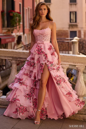 Sherri Hill 57568 Long Red Carpet Dress Floral Print Tiered Ruffles