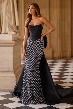 Sherri Hill 57671 Long Symphony Dress Beaded Skirt Bow Back Train