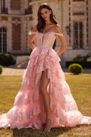 Sherri Hill 57699 Gown with Sheer Lace Off The Shoulder Ruffle Skirt