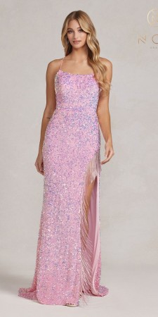 Nox Anabel T1209 Fringe Side Slit Sequin Gown