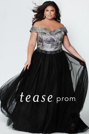 Sydneys Closet TE1935 Tease Off Shoulder Brocade Prom Dress