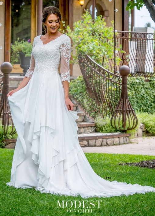 French Novelty: Mon Cheri TR11978 Hanky Hem Tiered Modest Wedding Dress