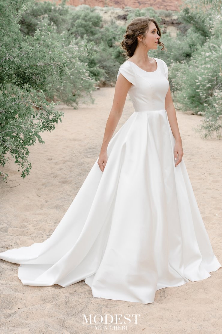 M5033 Short Sleeve Chiffon and Lace Bodice A-Line Modest Bridal Gown