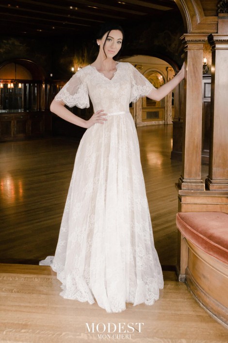 French Novelty Mon Cheri TR22058 Lace Flutter Sleeve Modest Bridal Gown