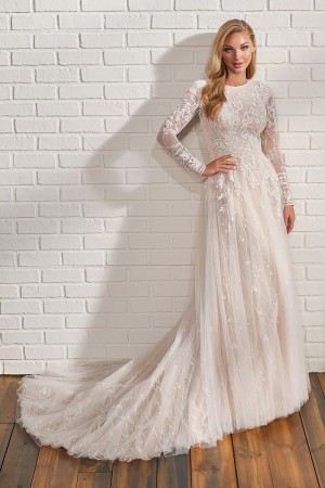 Size 12 Ivory/Champagne Mon Cheri TR22185 Long Sleeve Lace Bridal Gown