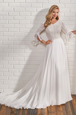 Mon Cheri TR22187 Lace Bell Sleeve Modest Wedding Dress