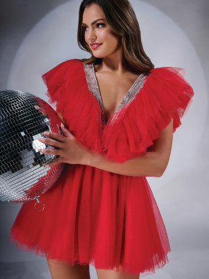 Tiffany 27472 Wow Ruffle Sleeve Embellished Double V Neck Short Dress