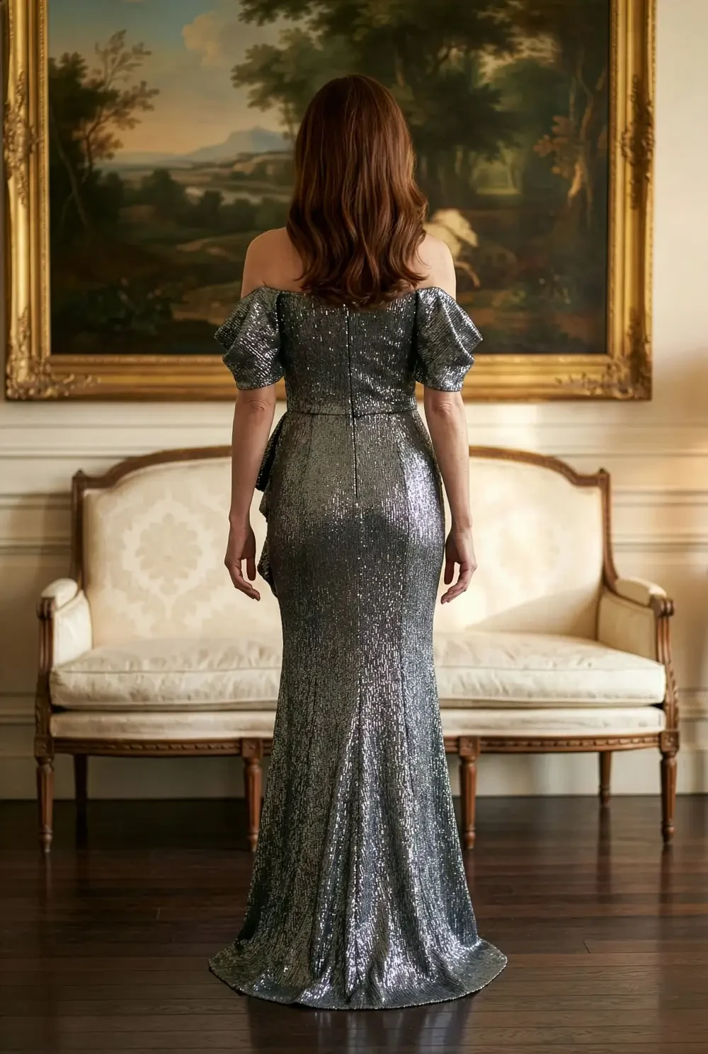 model is wearing a metallic jacquard off the shoulder evening gown