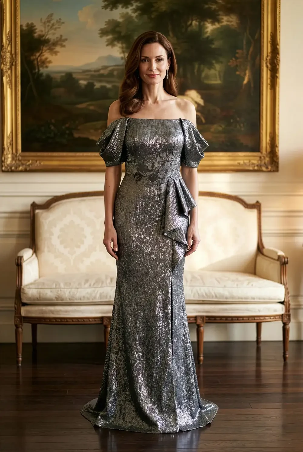model is wearing a metallic jacquard off the shoulder evening gown