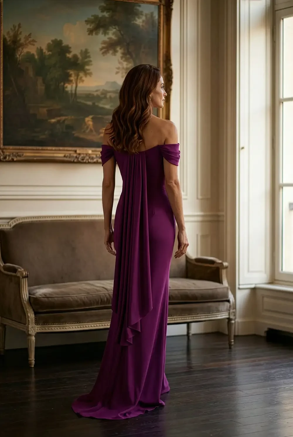 model is wearing a mulberry off the shoulder evening gown