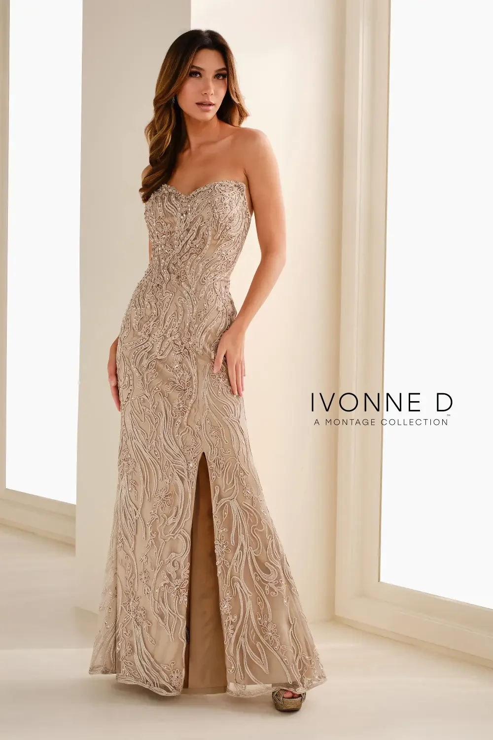 model is wearing a sleeveless gold glittery evening gown