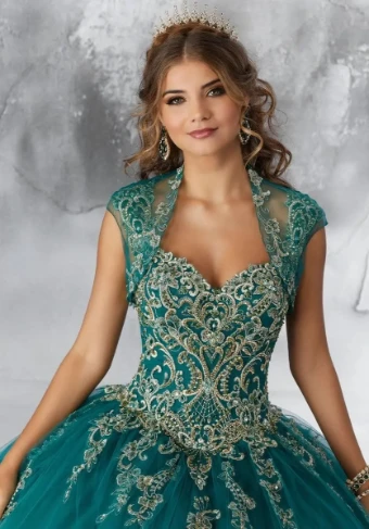 Vizcaya by Morilee 89196   Cap Sleeve Tulle Quinceanera Ball Gown with Embroidery #5 Emerald thumbnail