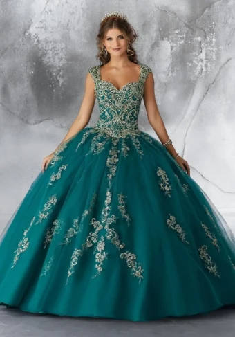 Vizcaya by Morilee 89196   Cap Sleeve Tulle Quinceanera Ball Gown with Embroidery #1 Emerald thumbnail