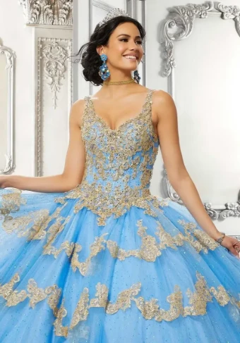 Vizcaya by Morilee 89324   Sleeveless V-Neck Ball Gown with Beaded Lace & Tiered Tulle #0 French Blue/Gold thumbnail
