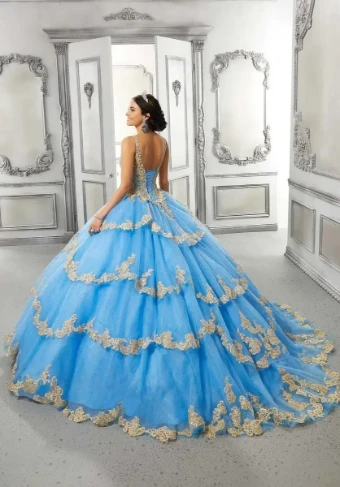 Vizcaya by Morilee 89324   Sleeveless V-Neck Ball Gown with Beaded Lace & Tiered Tulle #3 French Blue/Gold thumbnail