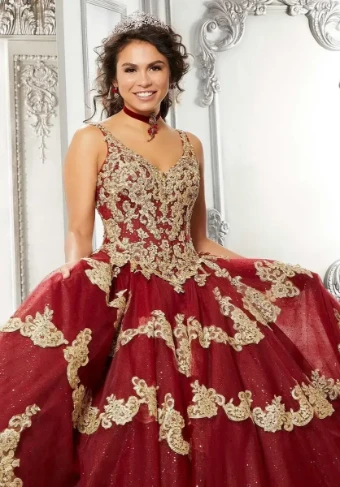 Vizcaya by Morilee 89324   Sleeveless V-Neck Ball Gown with Beaded Lace & Tiered Tulle #1 French Blue/Gold thumbnail