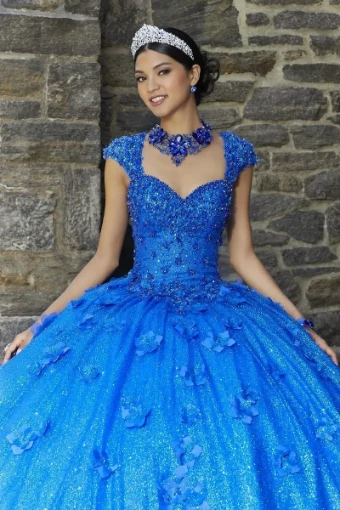 Vizcaya by Morilee 89343   Glittering Ball Gown with 3D Flowers & Capelet #2 Royal thumbnail