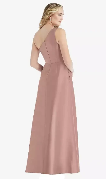 Alfred Sung D821   Pleated Draped One-Shoulder Satin Maxi Dress with Pockets #1 thumbnail